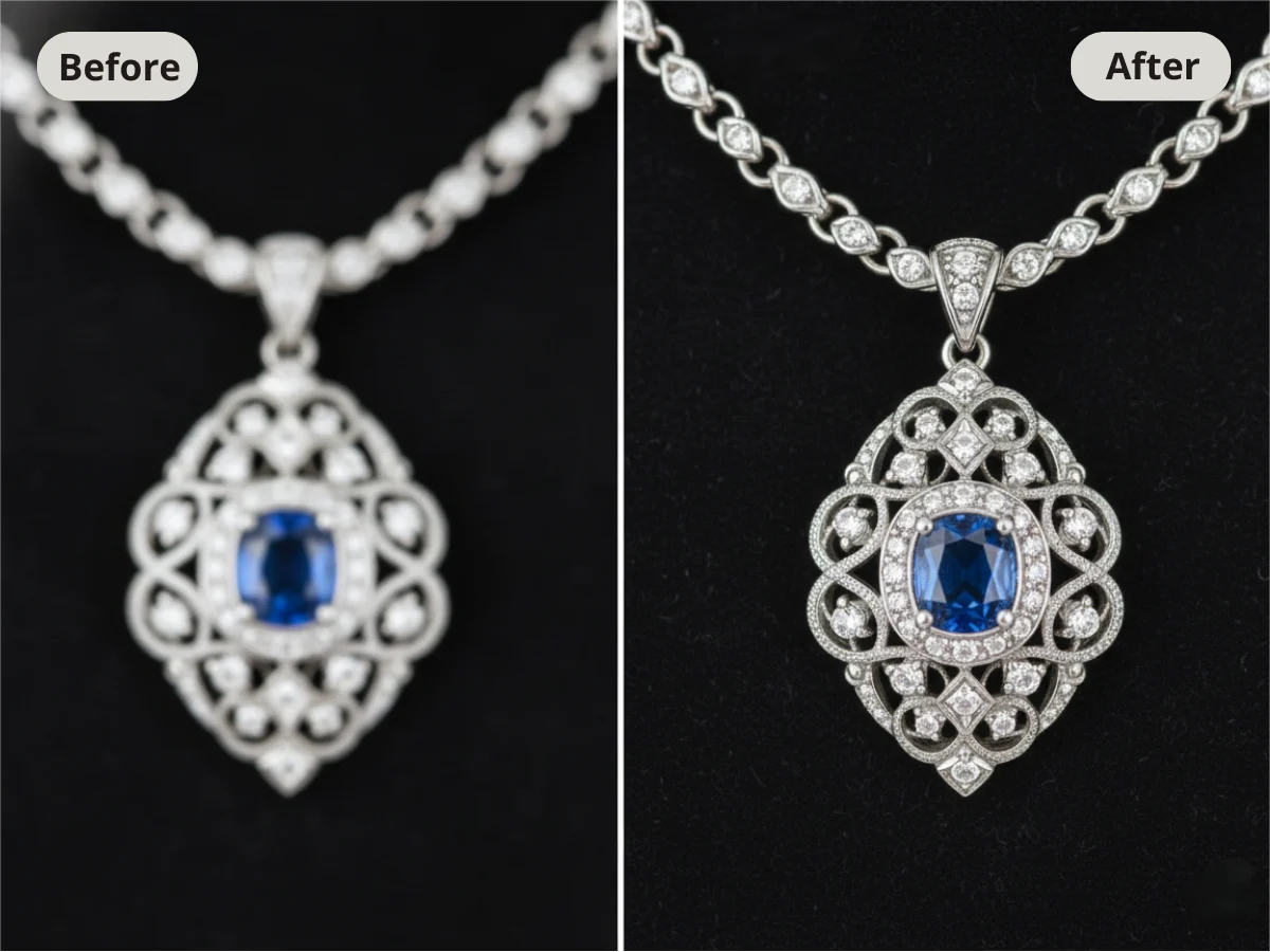 Before and after macro shot of a watch showing AI unblur image capabilities on small details.