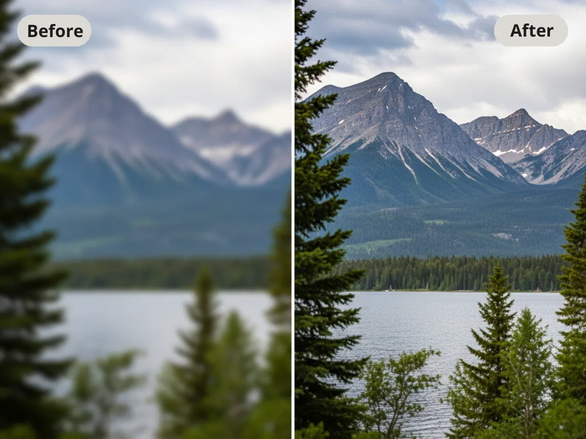 Before and after example of unblurring a landscape photo affected by motion blur.